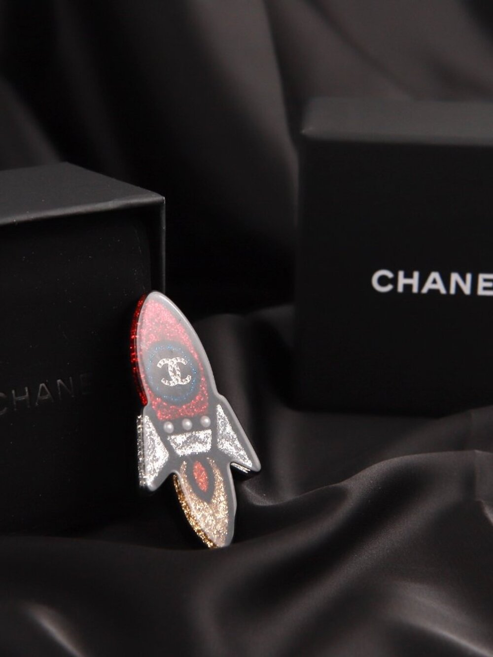 Chanel Rocket Brooch 17S Space Ship Pin Black Red Grey Glitter Rare Resin